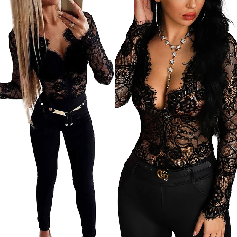 Women Elegant Fashion Bodysuits Polyester and Lace Floral Printed Full Length Regular Sleeve Big Open V-neck Skinny Bodysuits