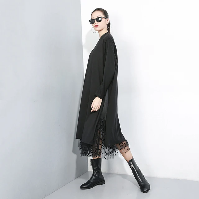 [EAM] Women Black Mesh Dot Split Joint Dress New Stand Collar Long Sleeve Loose Fit Fashion Tide Spring Autumn 2022 1B593 6