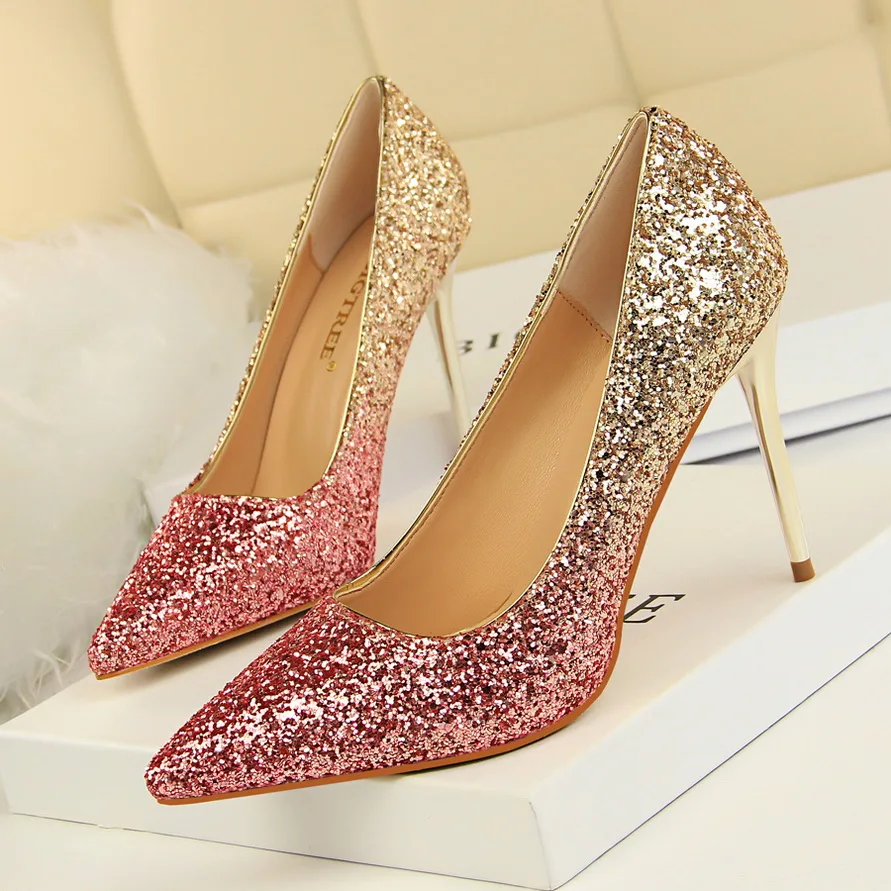 

2020 Woman 9.5cm High Heels Sexy Luxury Cute Shoes Female Stiletto Party Glitter Bling Scarpins Pumps Funky Bright Wedding Shoes