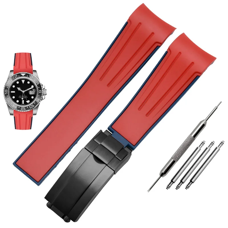 Высококачественный Браслет из силиконового каучука, 20 мм, 22 мм, ремешок для часов с изгибом, спортивный ремешок, складывающаяся пряжка, ремешок, черный, красный цвет - Цвет ремешка: red black buckle