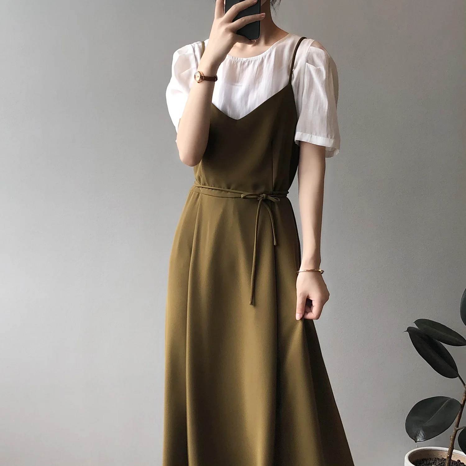 Alien Kitty 2021 Women Two-piece Sets Slip Dress Solid Blouses Chic Plus Size Vintage High Waist Strap Elegant Office Lady |