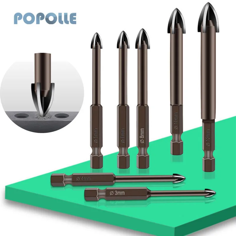 POPOLLE Cross Triangle Drill Bit Ceramic Tile Glass Ceramic Concrete Cement Wall Hole Opener Carbide Metal Drill Bit 3-12mm greener cross hex tile drill bits set hard alloy triangle porcelain stone glass ceramic concrete drill bit hole opener for wall