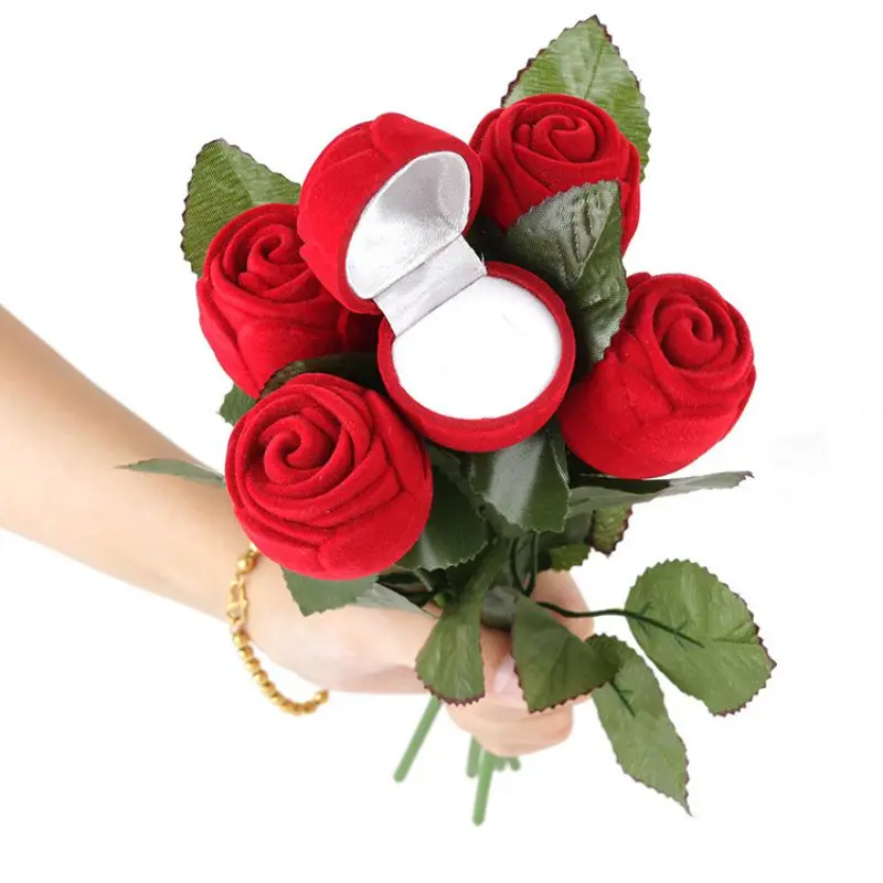 

Creative Romantic Rose Ring Box Flower Flocking Holder Velvet Box Packing Jewelry Case for Wedding Propose Engagement Valentine