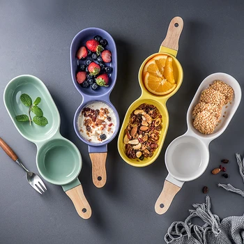 

Ceramic 2 Grid Snack Plate Wooden Handle Fruit Salad Bowl Large Capacity Tableware Bowl Snack Tray Kitchen Dessert Tableware