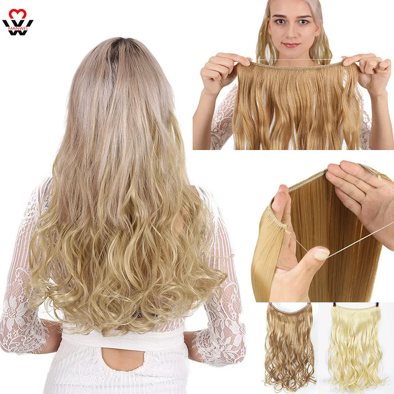 

MANWEI 24 Inches Invisible Wire No Clips In Hair Extension Secret Fish Line Hairpiece Silky Curly Hair Extension