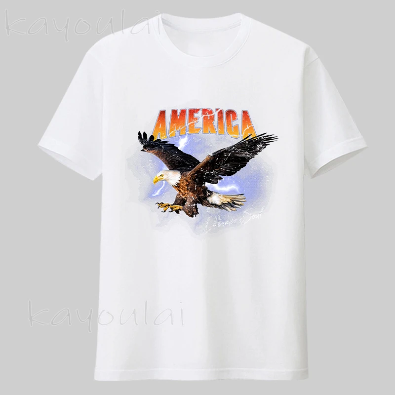 

High Quality 100% Cotton Men's Vintage Oversized T-shirts Eagle Flying In Thunder Storm Printing Unisex Cotton Tshirts