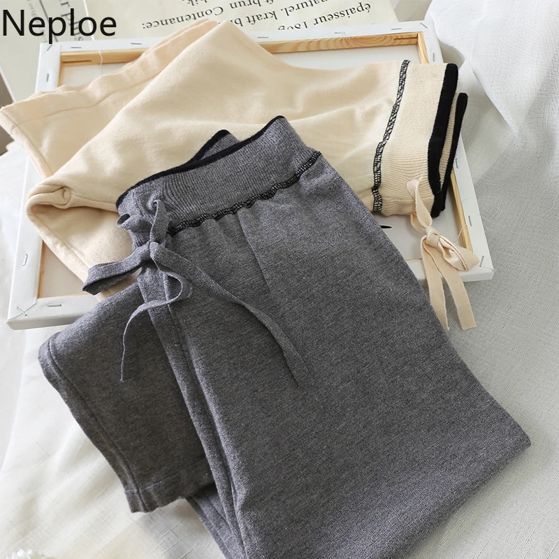 

Neploe Contrast Color High Waist Knit Long Pants Drawstring Lace-up Solid Wide Leg Trousers 2019 Autumn Women Elegant Pant 54042
