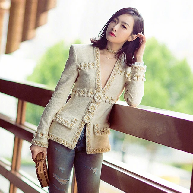 Runway Designer Luxury Brand Suit Jacket Women Fashion V Neck Tweed Wool  Long Sleeve Slim Office Ladies Blazer Jacket Plus Size - AliExpress