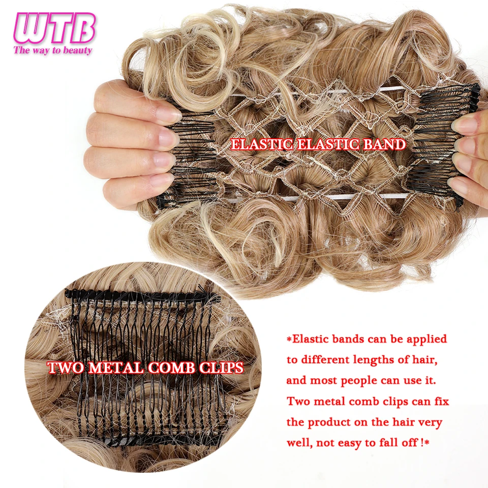 WTB Synthetic Messy Curly Chignon with Rubber Band Hair Bun Two Plastic Comb Clip In Updo Cover Hair Ponytail for Women 25 Color hair bun extensions