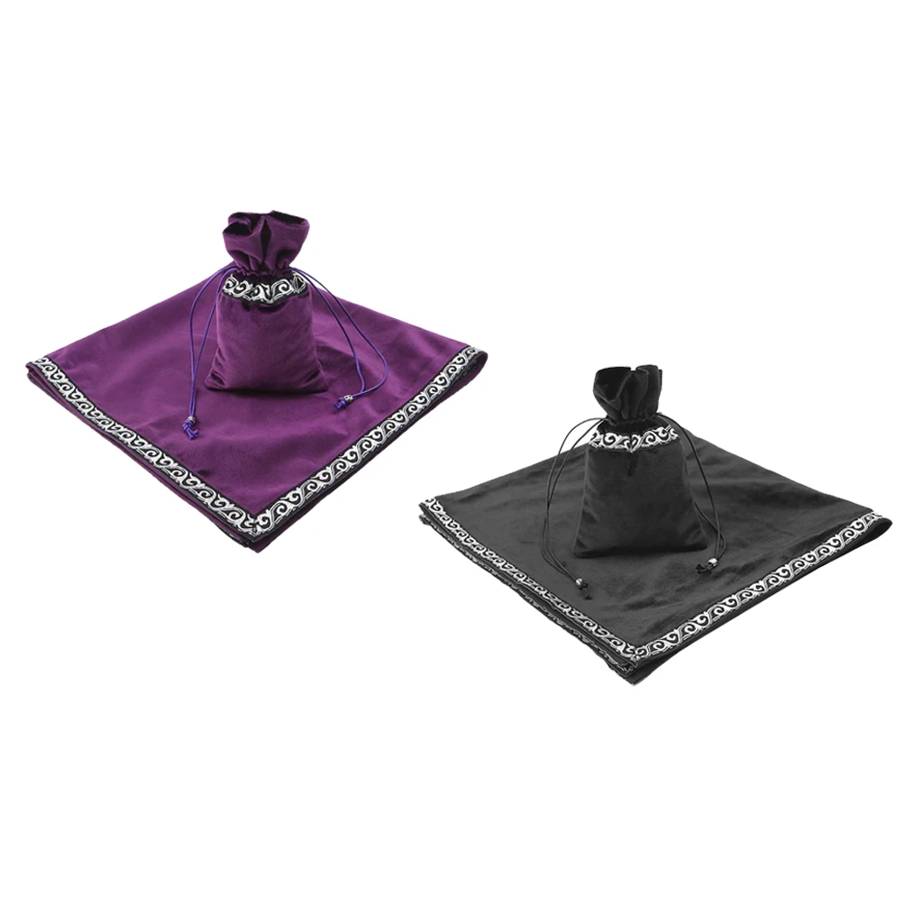 2Pcs 26 inch Altar Tarot Cloth Tablecloth Divination Wicca Velvet Tapestry with Tarot Cards Runes Bag, Purple+Black