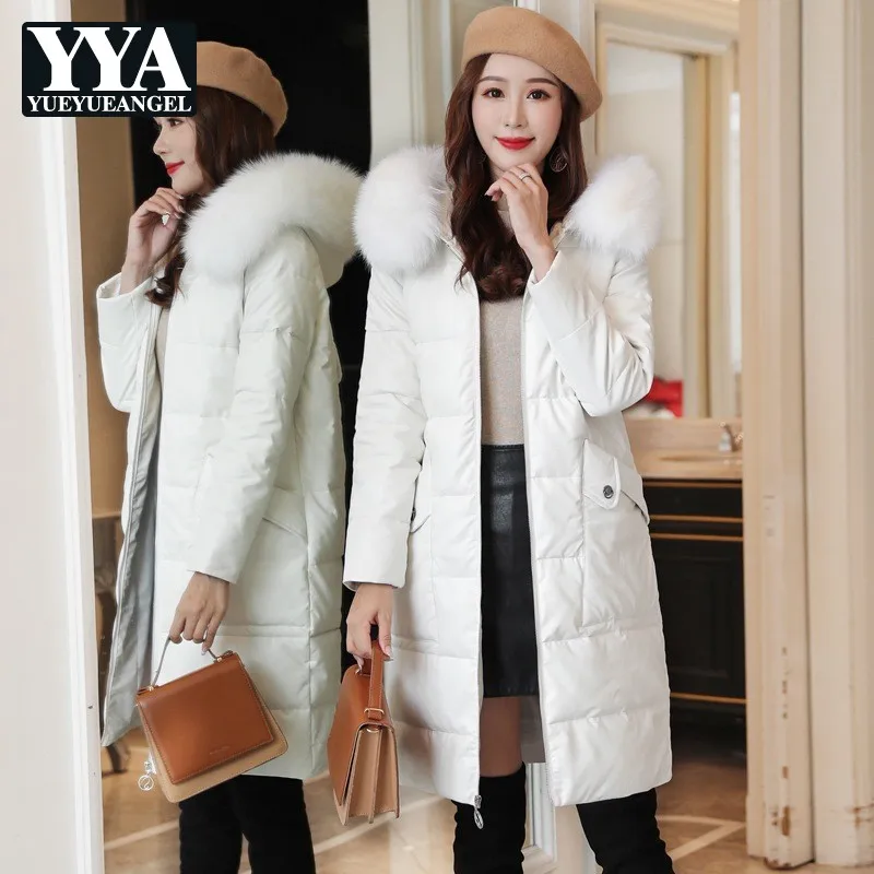 Элегантные женские зимние пуховики из искусственной кожи с воротником