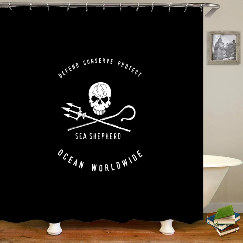 Stylish Black White Sea Shepherd Shower Curtain Bathroom Curtains Set Waterproof Ocean Warrior Wildlife Bathroom Home Decor 180