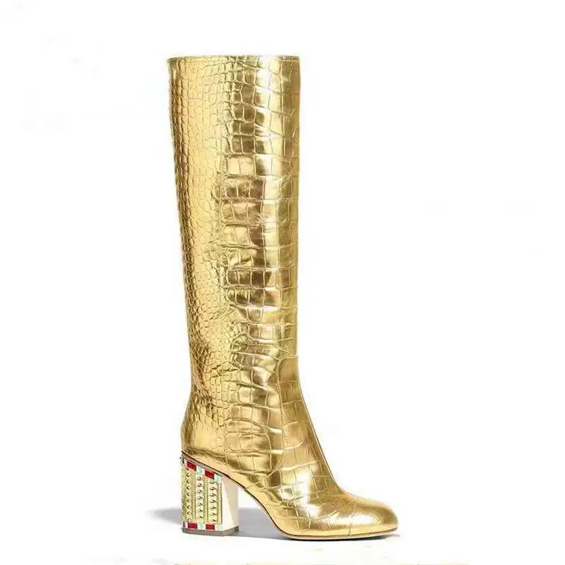 Scarpe donna/Женская обувь зимние высокие сапоги женская обувь без шнуровки на каблуке 9 см с золотыми кристаллами женские ботинки Largas Dama