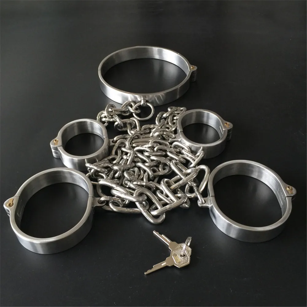 BDSM Sex Toys 304 Stainless Steel Lockable Neck Collar Hand Ankle Cuffs Femdom Slave Bondage Handcuffs Leg Restraints Sex Toys 5