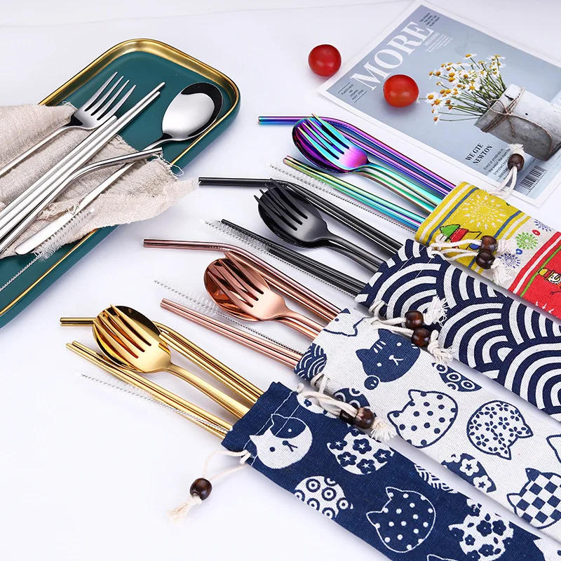 Koop Koreaanse Servies Set Roestvrij Staal Draagbare Bestek Eetstokjes Vork Lepel met Metalen Rietjes Cocktail voor Reizen Bestek Set