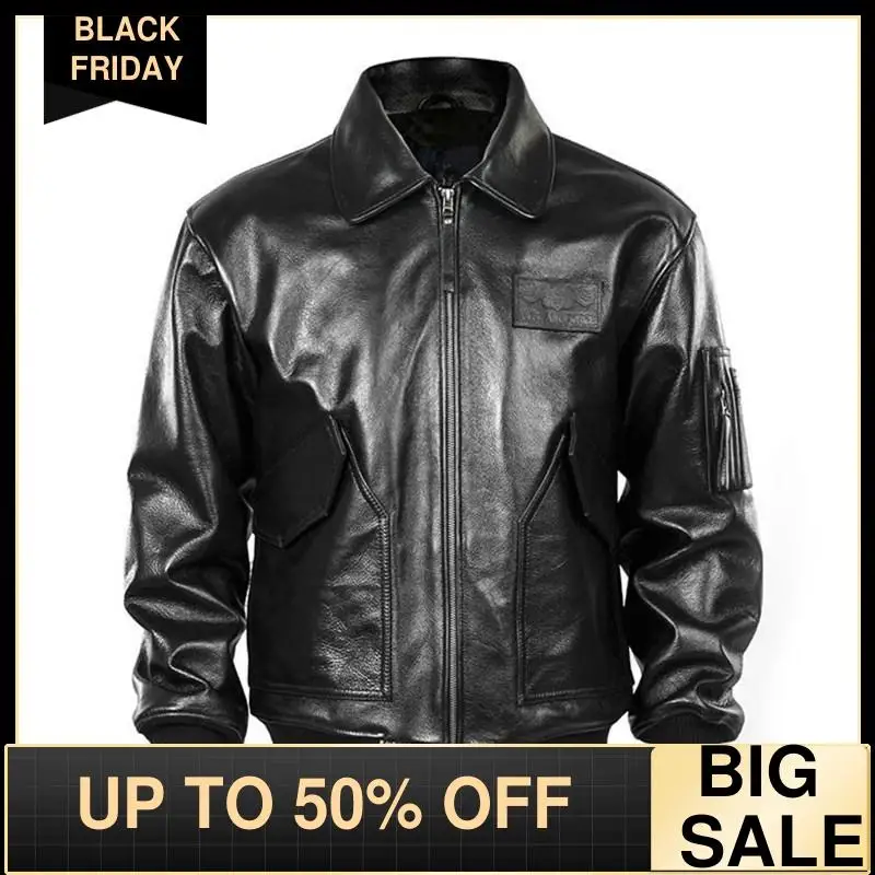 

2020 Black Men Military Style USAF Pilot Leather Jacket Europe Size XXL Genuine Natural Cowhide Winter Warm Aviator Coat