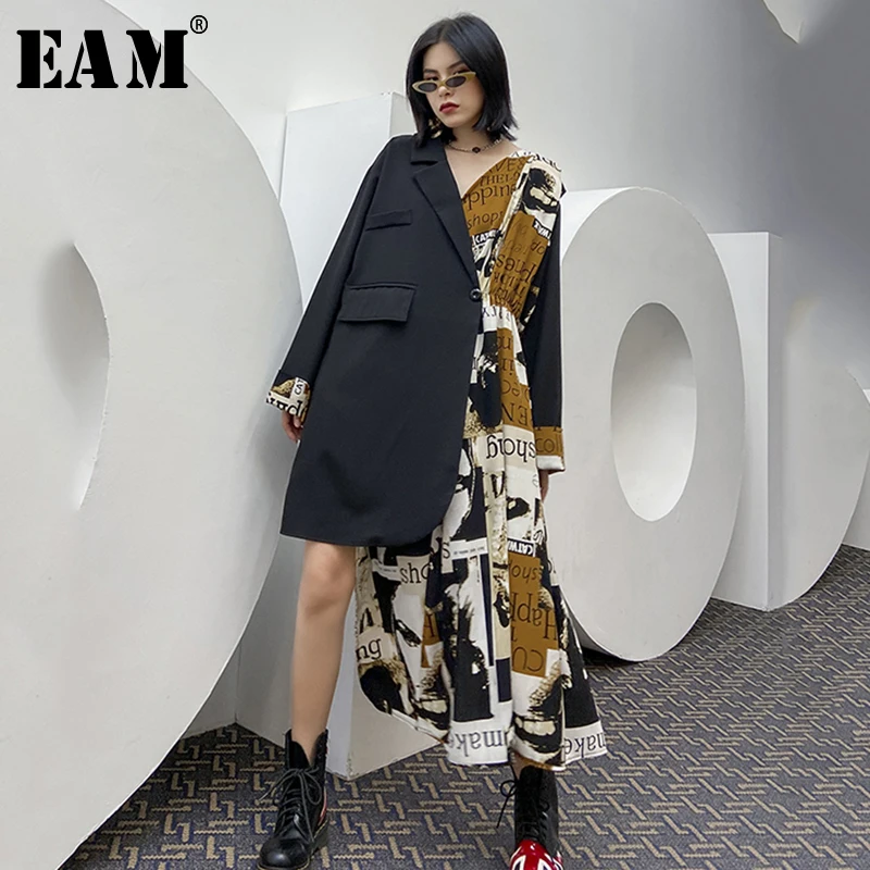 Женское асимметричное платье EAM черное свободного кроя с длинными рукавами и