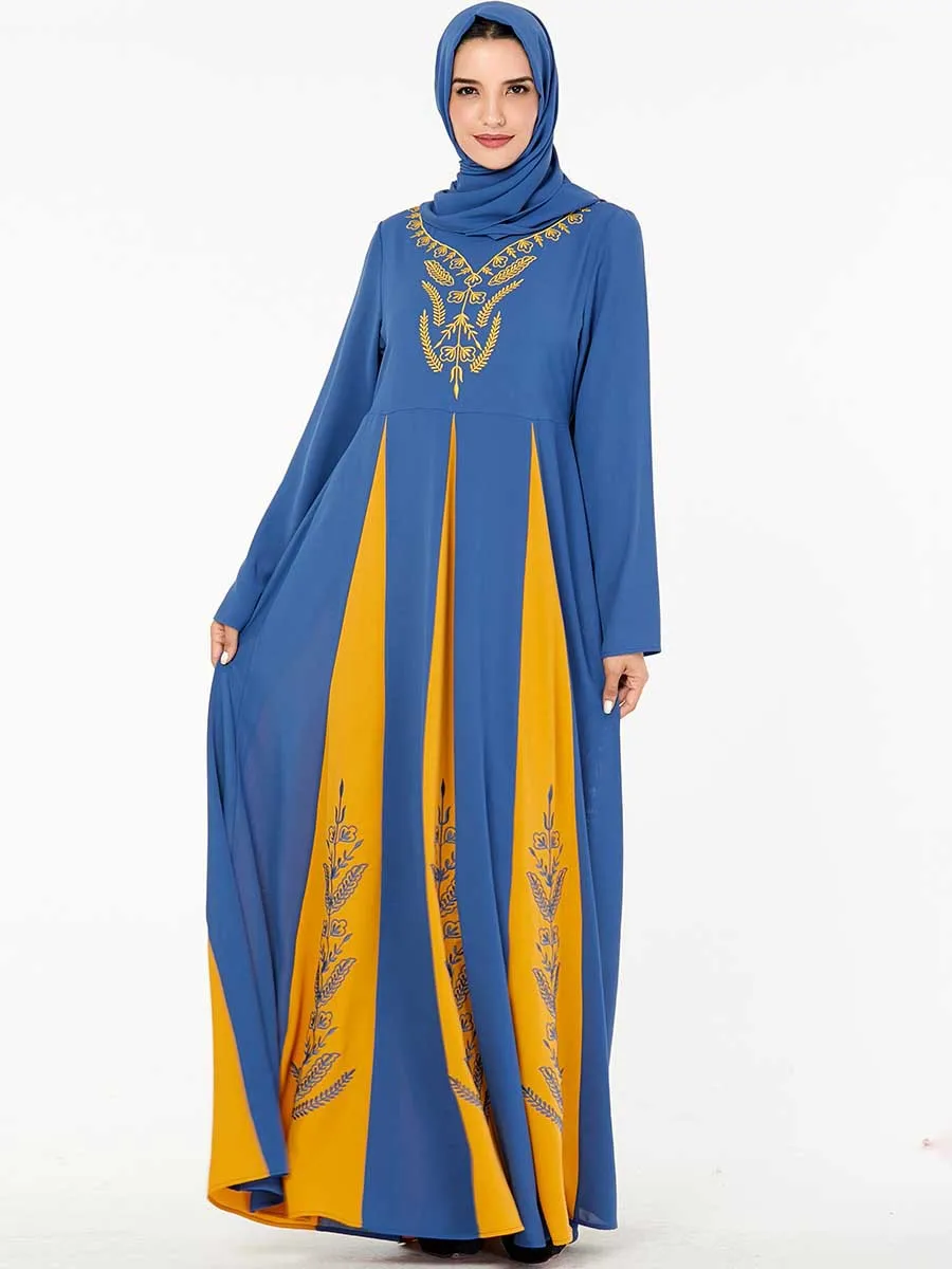 Размера плюс с длинным рукавом Цвет Блок Макси платье вечернее платье для женщин мусульманское длинное платье Абая Islma одежда Рамадан Дубай, Турция
