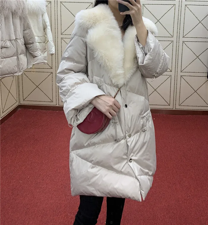 Толстое теплое Женское зимнее пальто из 90% белого утиного пуха, натуральные большие шерстяные корейские длинные пуховики с меховым воротником