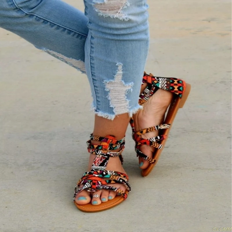 

Women Boho Style Handmade Sandals With Tassel Fringe Summer Flat Heel Casual Beach Sand Flats Crystal Shoes Plus Size