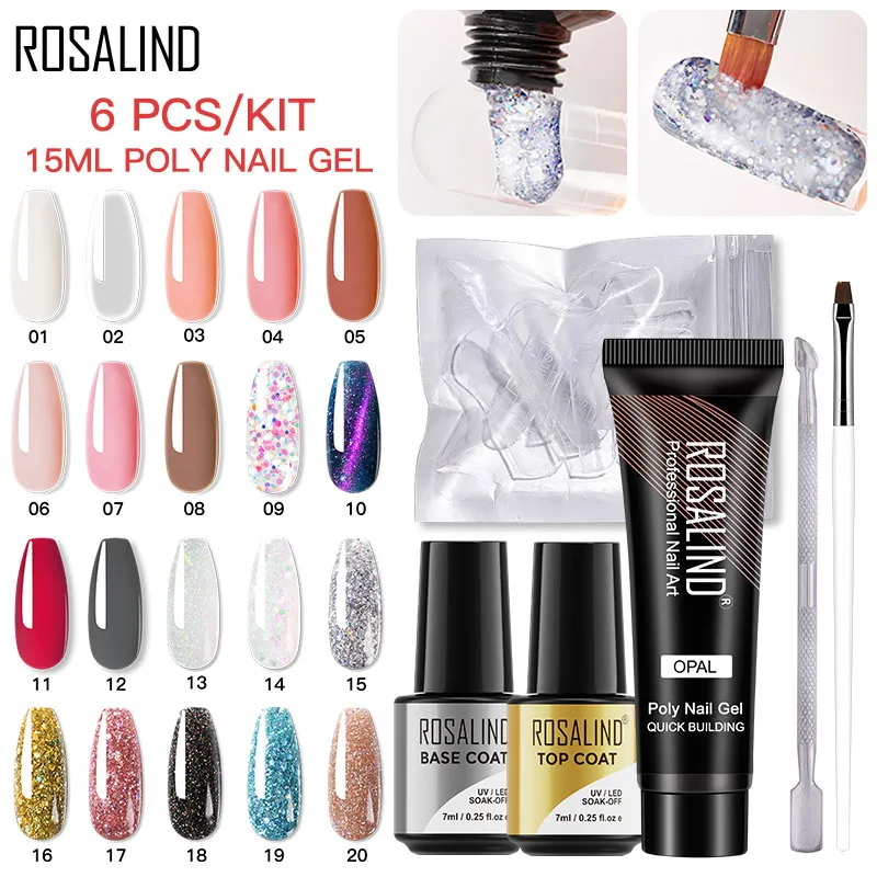 6 Pcs Poly Extension Gel Set Nail Art Clear White Color Nail Tip Form Crystal Uv Gel Top Base Brush Tools Builder Poly Nail Gel