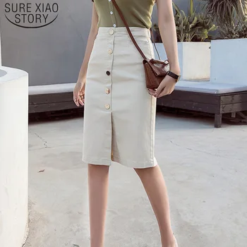 

Female Casual Skinny High Waist Single Breasted White Pockets Denim Women Jean Skirt Street wear Stretch Pencil Skirt 6078 50