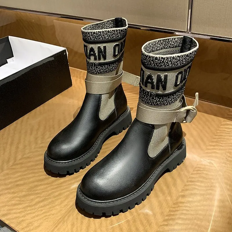 Осень зима 2020 ботинки носки женские мартинсы платформа стрейчевая ткань высокие