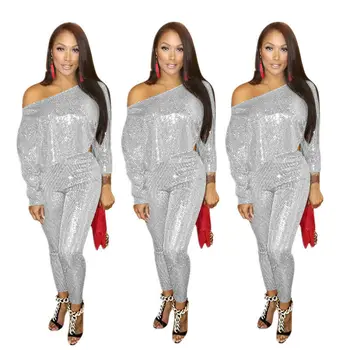 

Women Fashion Long Sleeves Solid Sequins Casual Party Clubwear Jumpsuit 2pcs