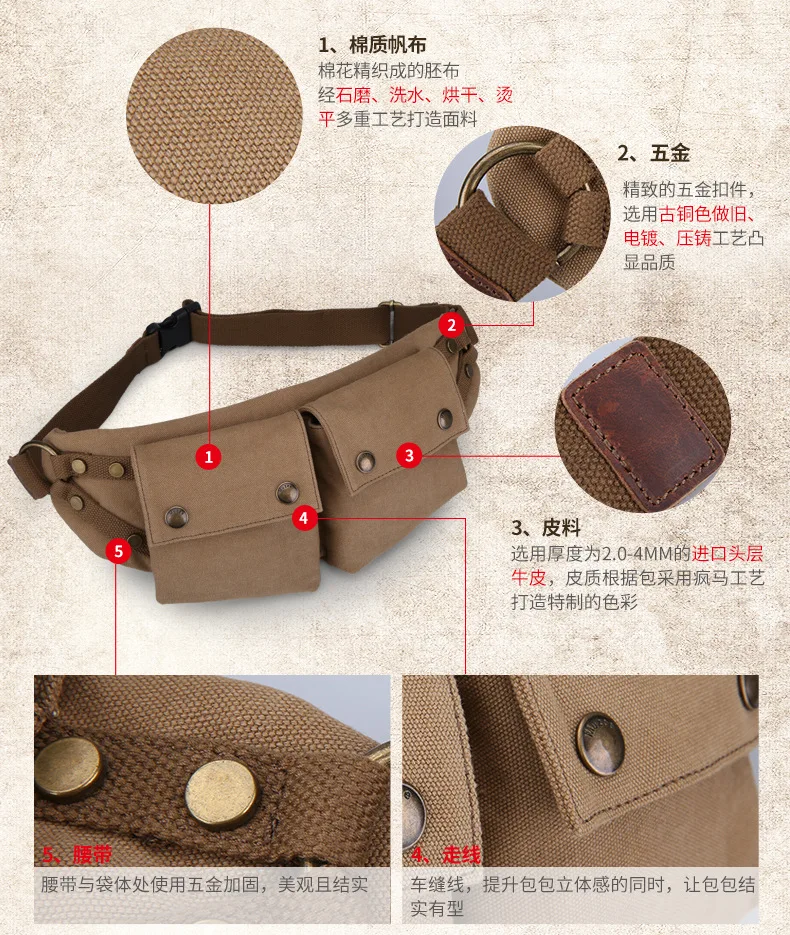 MUZEE Canvas Waist Pack Men Casual Retro Chest Bag Multi-functional Crossbody Bag Sports Mobile Phone Bag
