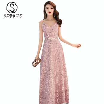 

Long Evening Dress Skyyue ER491 Elegant Sleeveless V-neck Evening Gowns For Women Pink Sequined Robe De Soiree Evening Dresses