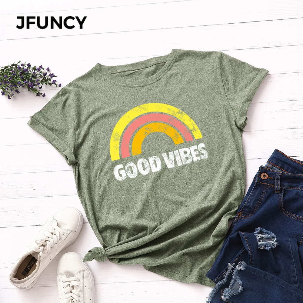 JFUNCY-Camiseta de algodón para mujer, ropa con estampado de Good Vibes, holgada de talla grande, con gráfico de arco iris, 100%