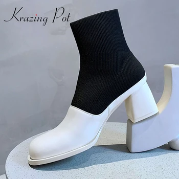 

Krazing Pot cow leather round toe high heel knitting boots patchwork young lady daily wear slip on convenient ankle boots L94