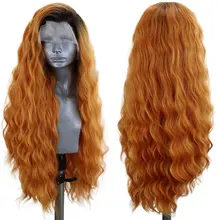 Темные корни Омбре оранжевый красный Натуральная волна синтетические 13*3 Кружева передние парики Высокая Hesistant волокна волос свободный расставание для женщин парики
