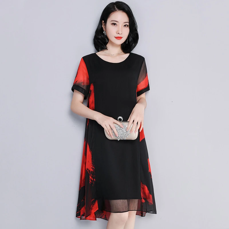

Summer Print Women Dress 2019 New Middle-aged Silk Loose O-Neck Dress Plus Size Vintage Female Dresses LJ2226