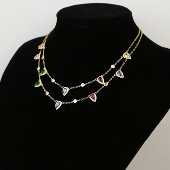 

gold colorful cz jewelry trendy women 2020 new design rainbow water drop cz station necklace