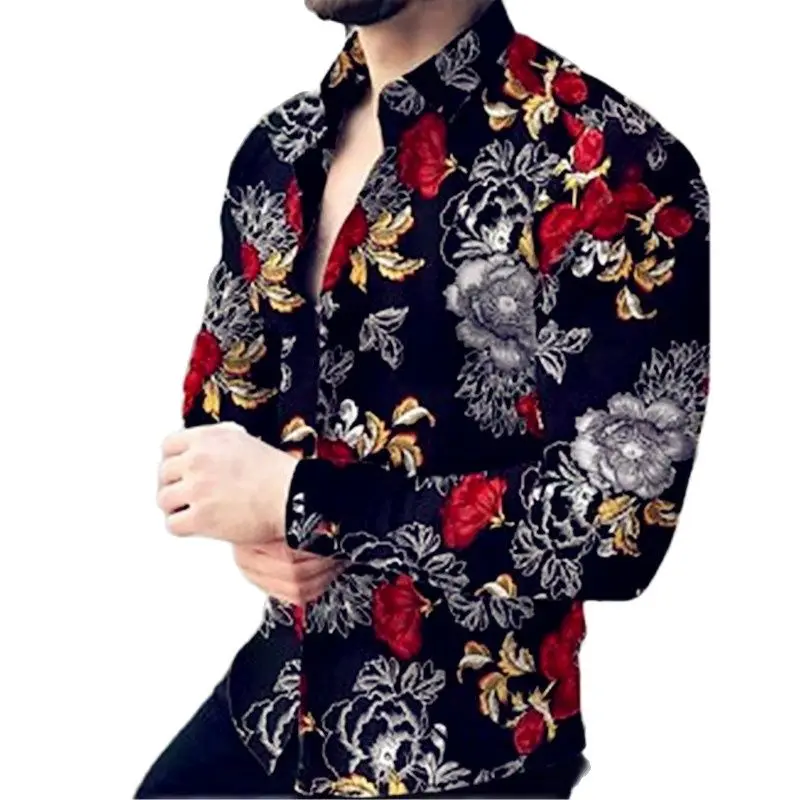 

2022spring and autumn men's long sleeve printed shirt slim temperament Lapel casual button