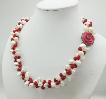 

Pearl coral necklace! Very classic 3 rows of natural pearls, natural corals, necklaces. Ladies banquet jewelry 22"
