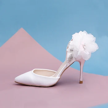 

Autumn new wedding shoes pointed hollow baotou female sandals stiletto white camellia flowers leaves high-heeled bridal shoes