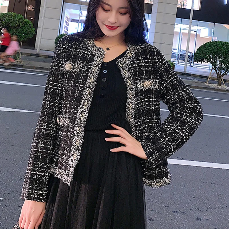 Chaquetas de Tweed negro para mujer, abrigos a cuadros de manga larga con fragancia pequeña, chaquetas elegantes con borlas, abrigos de punto abierto, abrigos de otoño, novedad - AliExpress de mujer