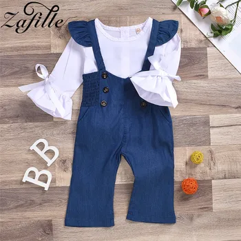 

ZAFILLE Baby Girl Clothes 2Pcs Long Sleeve Flare Sleeve Tops+Back Cross Jeans Overalls Outfits For Toddler Girls Clothing Suits