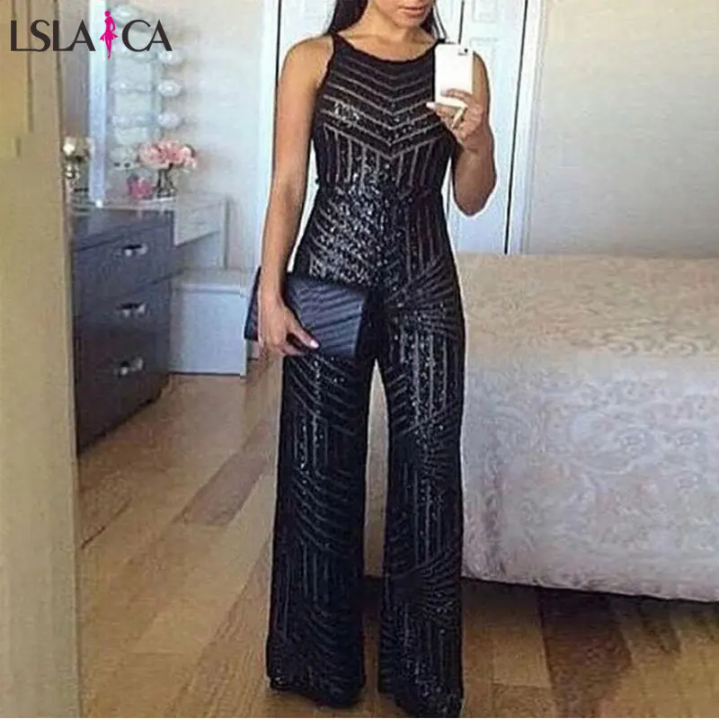 

Elegant Women Jumpsuits Sequins Sleeveless O Neck Playsuit Ladies OL Slim Wide Leg Pants Full Length Jumpsuit Fashion