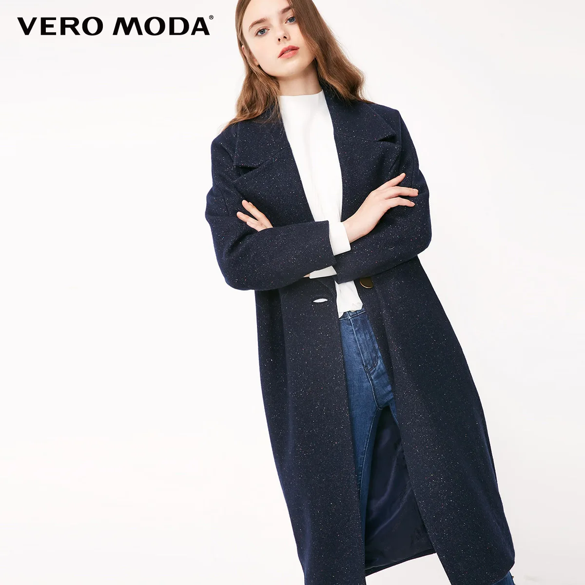 Vero Moda пальто женское Женское шерстяное пальто на пуговицах с отворотом и укороченным рукавом | 318327509 - Цвет: Navy mel.