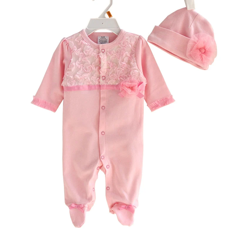 Clearance Big Sale Newborn Baby Girl Cotton Lace Footies with Cap New Spring Summer 1piece Overall Infant Girls Clothes Born 9m