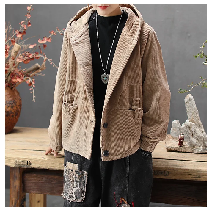 QPFJQD Ladies Autumn Winter Corduroy Jackets Vintage Loose Padded Coat Women Hooded Pocket Tops Casual All-Match Girls Clothes