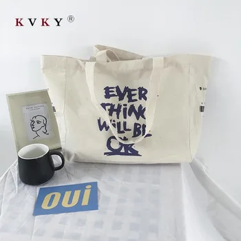 

2020 Women Korean Large-capacity Canvas Shopping Bag Trend Letter Printing Shoulder Bag Girl Student Bag White Tote Bags Shopper