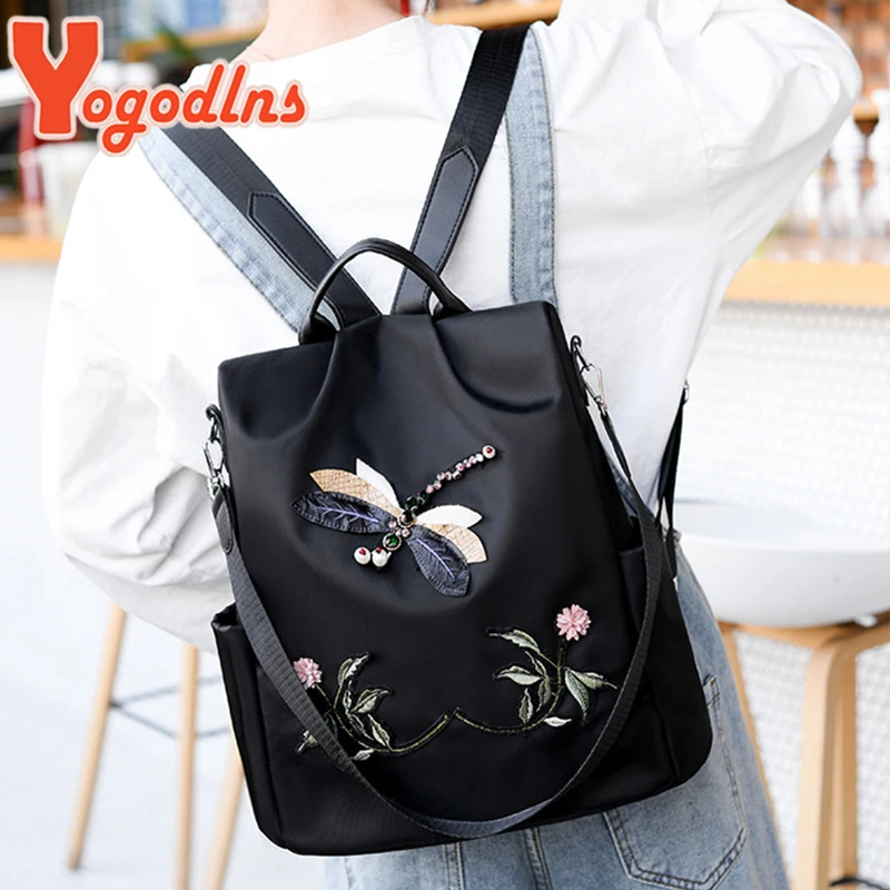 Yogodlns Fashion Embroidery Backpack Women Waterproof Oxford Travel Bag Large Capacity Rucksack Multifunction Laptop Backpack