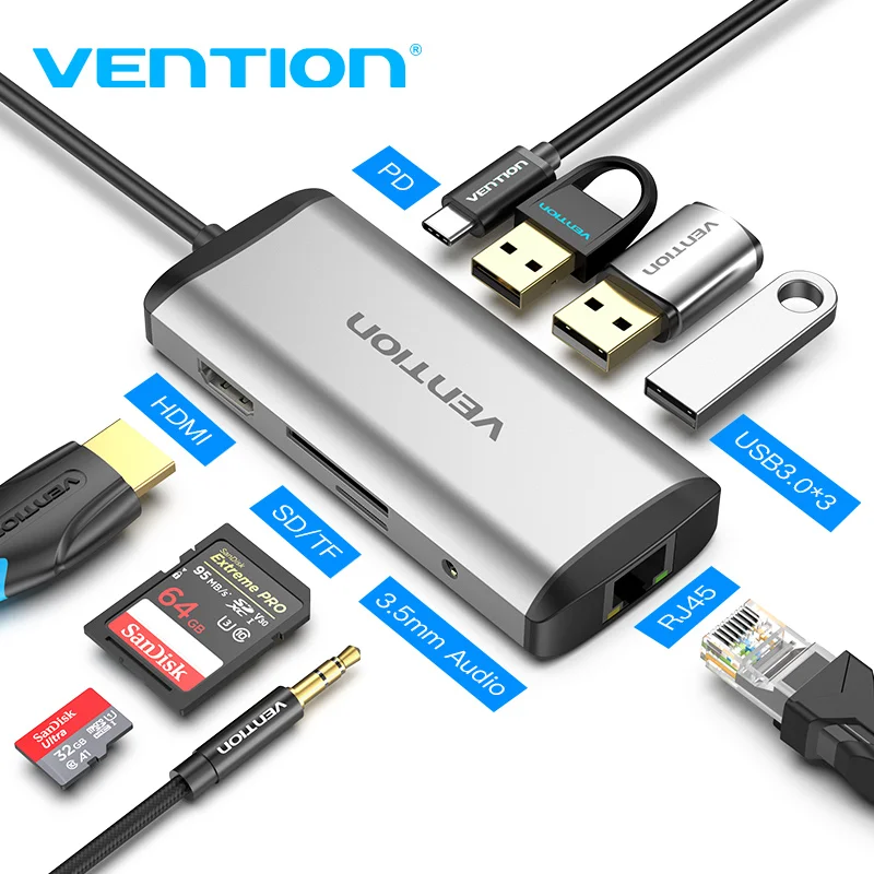 USB-C-zu-HDMI/VGA/USB 3.0x3/RJ45/PD-Dockingstation, 0,15 m, grau, vers