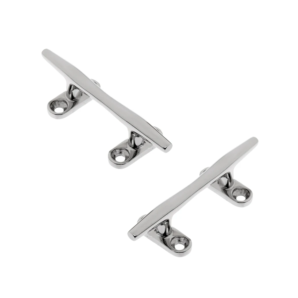 Set of 2 Deluxe 4'' / 100mm High Polished Stainless Steel Boat Dock Deck Line Rope Bar Cleat Open Base