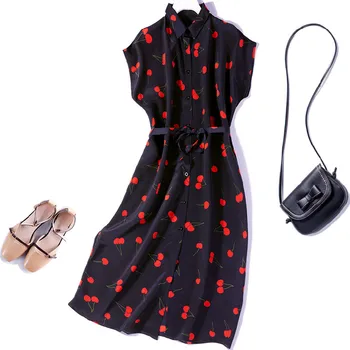 

Women's 100% Pure Silk Long Shirt Dress navy cheery short sleeve button down Belt one size JN371