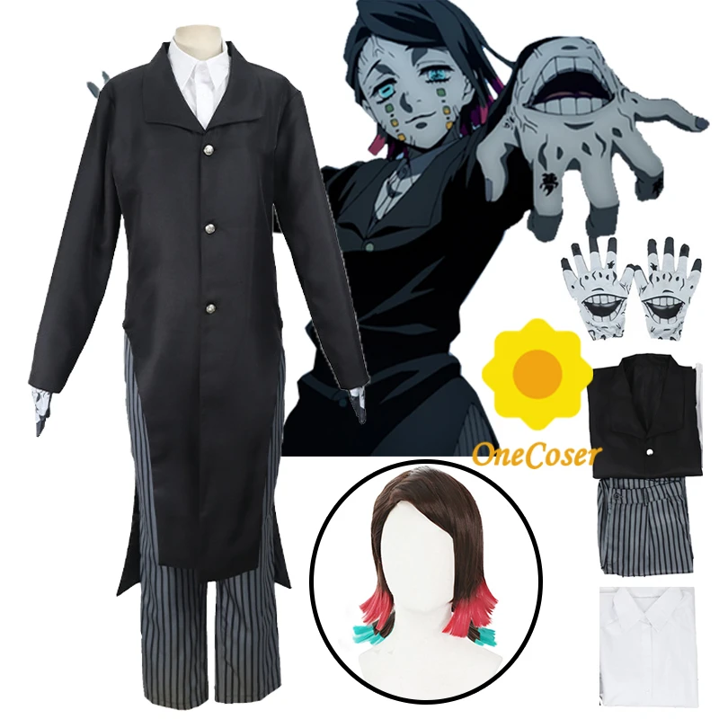 plus size halloween costumes Anime Demon Slayer Enmu Dream Cosplay Costume Kimetsu no Yaiba Wig Black Uniform Coat Shirt Pants Gloves Halloween Party anime maid outfit